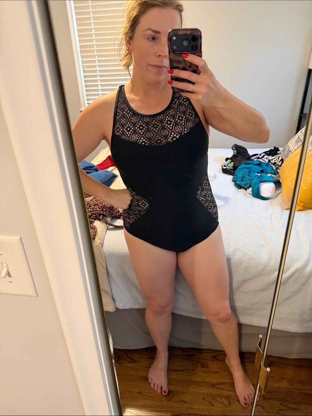 Adore Me Black Lace-Inset High-Neck One-Piece Swimsuit